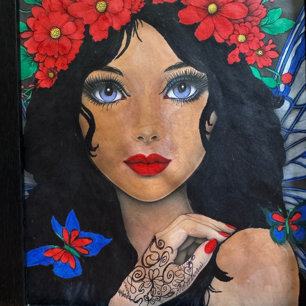 Red and Blue Whimsical Drawing with Floral and Butterfly Accents